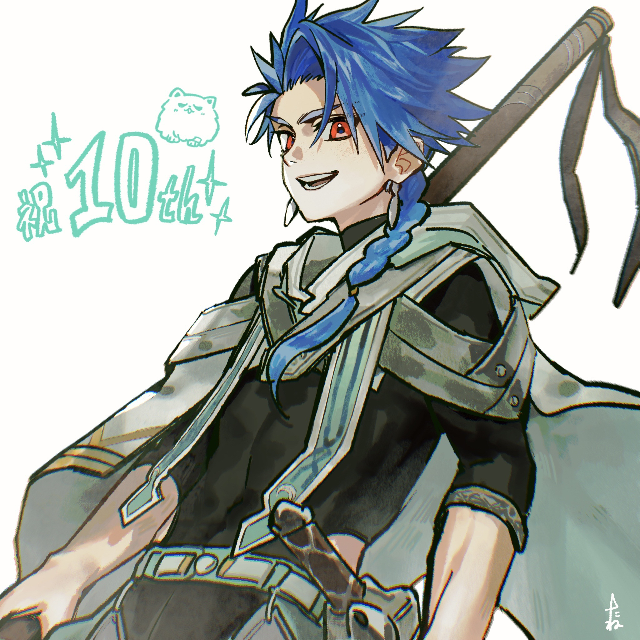 umeboitarou, cu chulainn (fate), setanta (fate), fate/grand order, fate (series), highres, 1boy, anniversary, black shirt, blue hair, braid, earrings, jewelry, long hair, looking at viewer, male focus, polearm, red eyes, shirt, short sleeves, solo, upper body, weapon