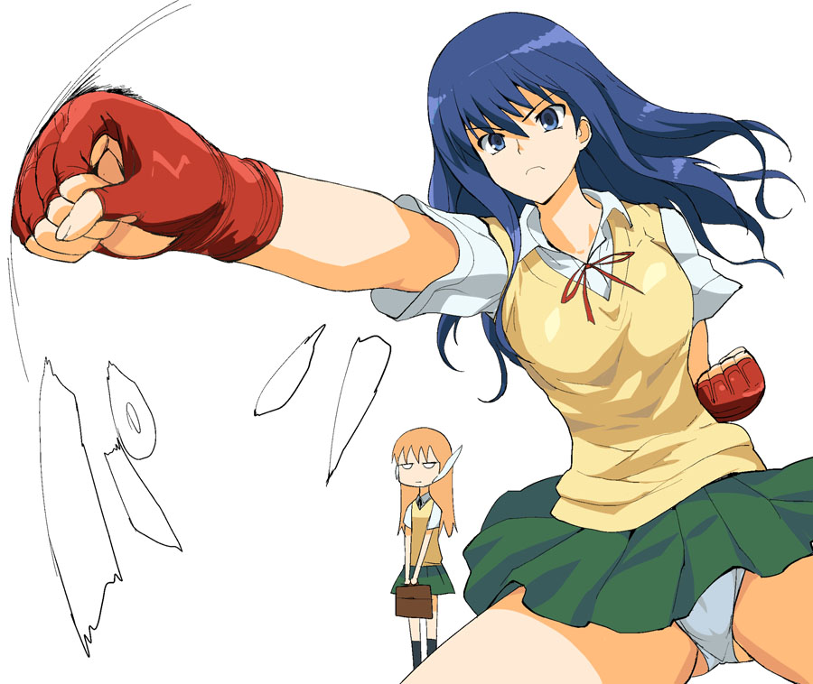 a1 (initial-g), kurusugawa ayaka, serio (to heart), to heart, to heart (series), fingerless gloves, gloves, panties, pantyshot, punching, skirt, sweater vest, underwear