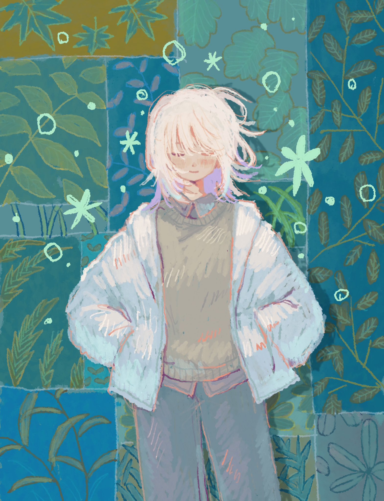 to nikaku, original, highres, 1boy, abstract background, branch, bubble, cardigan, denim, floral background, jacket, jeans, leaf, lily pad, pants, plant, star (symbol), sweater, white hair