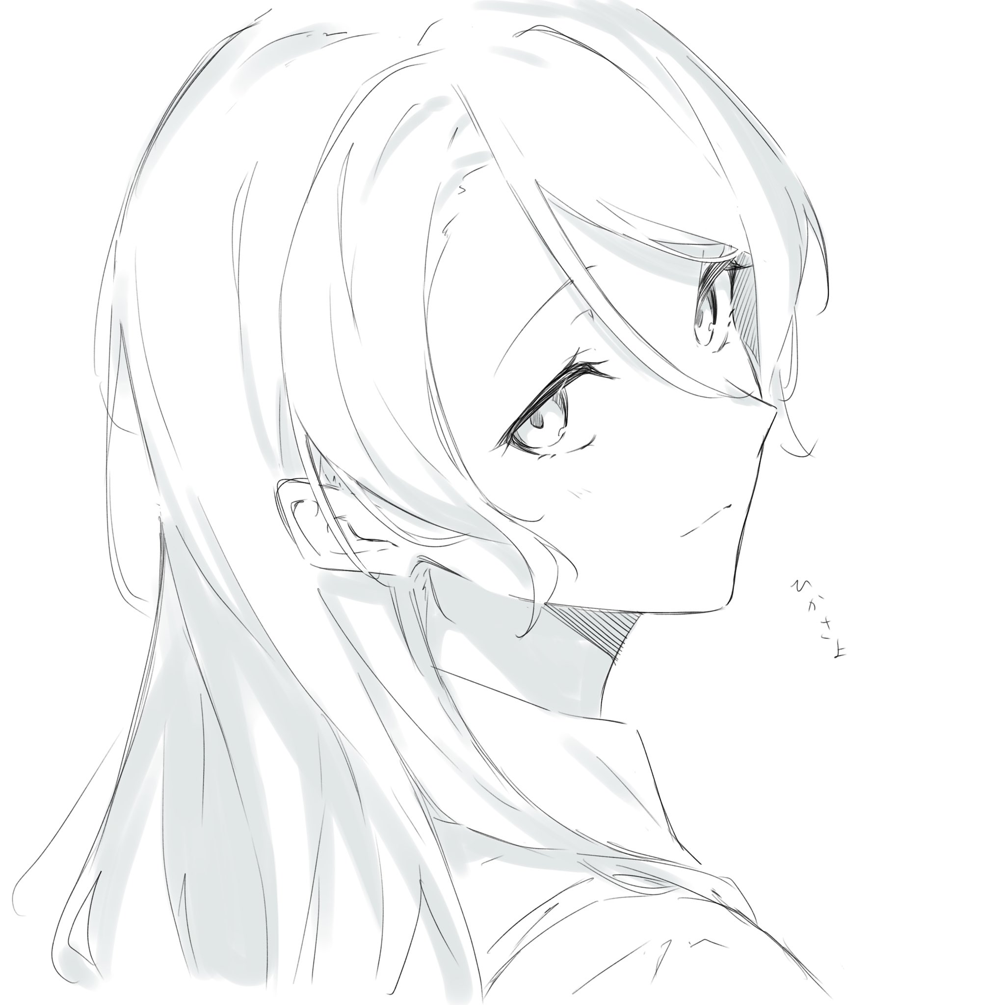 kanade (kanade 3344), hikawa sayo, bang dream!, highres, translated, 1girl, closed mouth, greyscale, hair between eyes, light blush, long hair, long hair between eyes, looking at viewer, monochrome, simple background, upper body, white background