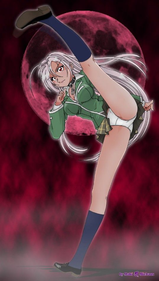 maki michaux, akashiya moka, inner moka, rosario+vampire, silver hair, 00s, 1girl, breasts, cleavage, collar, female focus, fog, kneehighs, moon, night, panties, pantyshot, pussy, red eyes, school uniform, shoes, skirt, socks, solo, underwear, vampire, white panties