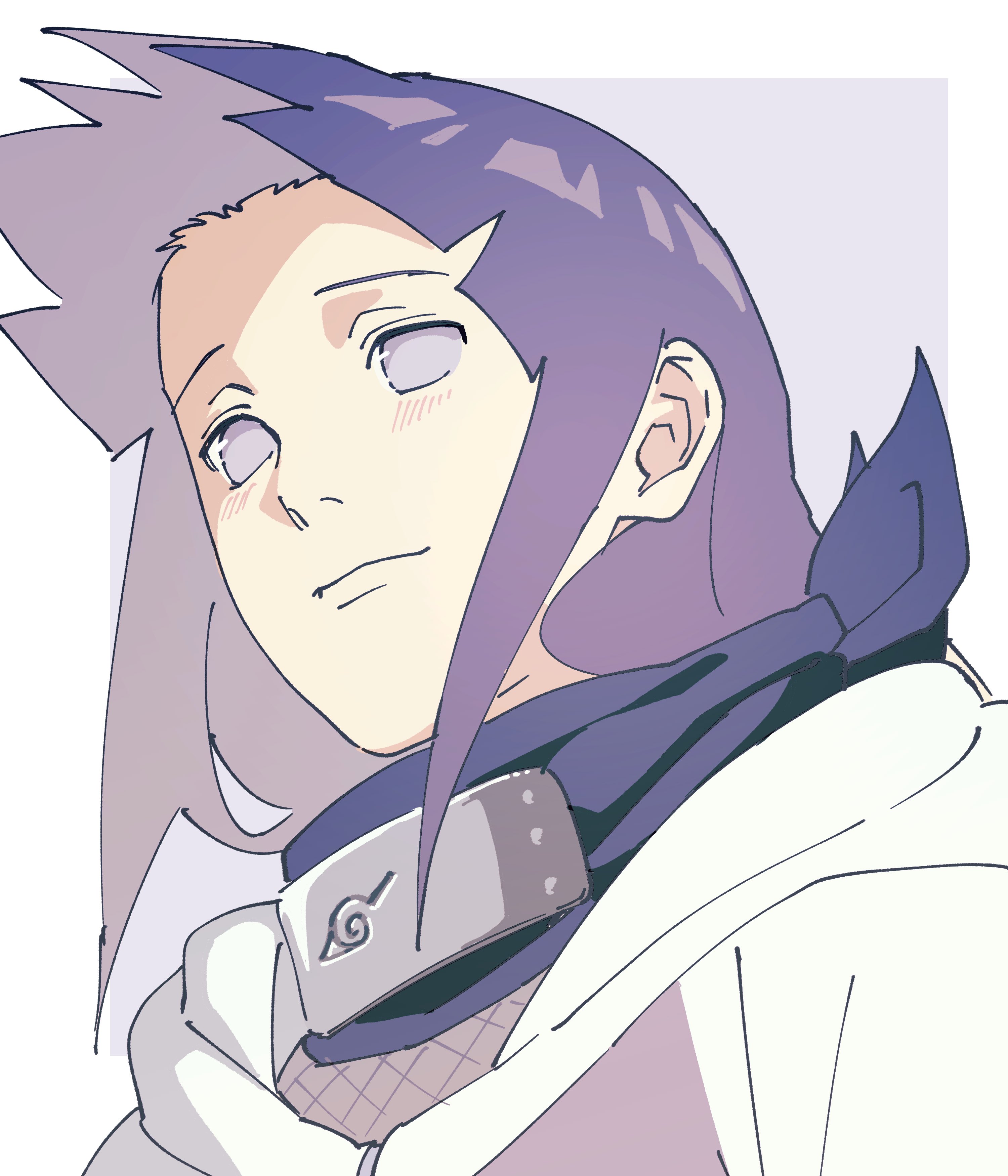 pnpk 1013, hyuuga hinata, naruto (series), naruto shippuuden, absurdres, highres, 1girl, blue hair, blush, forehead protector, hood, hooded jacket, jacket, purple eyes, purple jacket, simple background, smile, solo, upper body, white background, white jacket