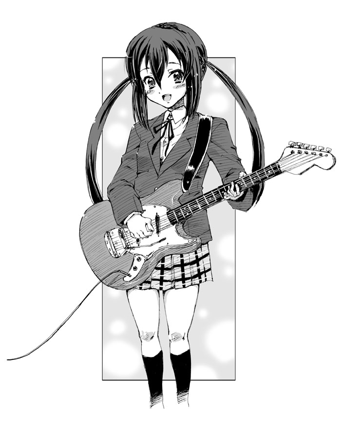 blackheart, nakano azusa, k-on!, 00s, 1girl, female focus, greyscale, guitar, instrument, monochrome, mustang (guitar), plaid clothes, plaid skirt, school uniform, skirt, solo, twintails, white background
