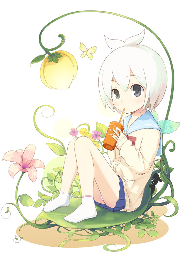 sakusaku, 1girl, cardigan, drinking, drinking straw, feet, female focus, flower, leaf, school uniform, serafuku, sitting, skirt, socks, solo, white hair
