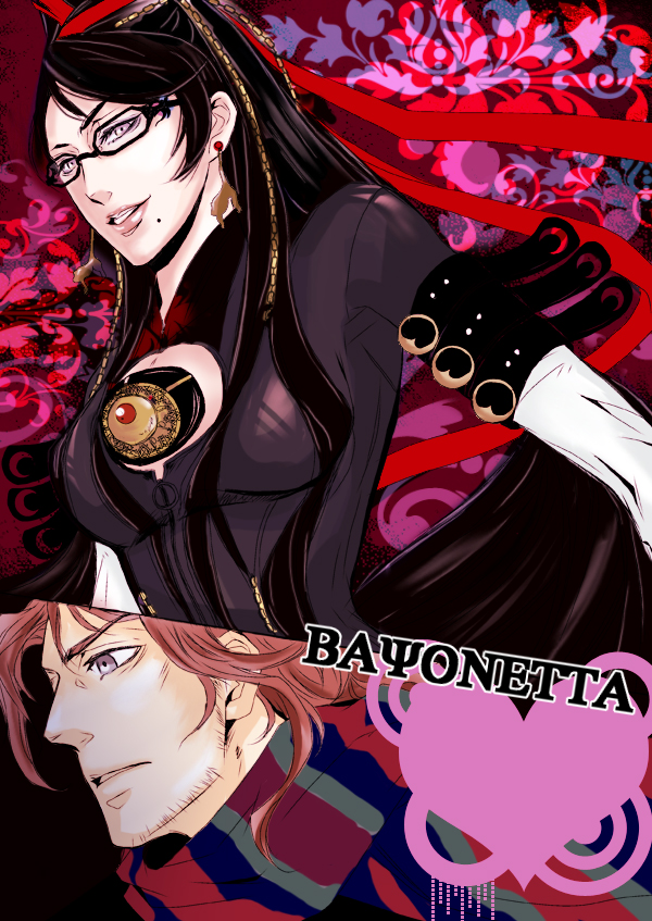 apiana, bayonetta, luka, bayonetta (series), black hair, bodysuit, brown hair, chain, earrings, glasses, grey eyes, hair bun, jewelry, long hair, mole, red ribbon, ribbon, short hair, single hair bun, very long hair