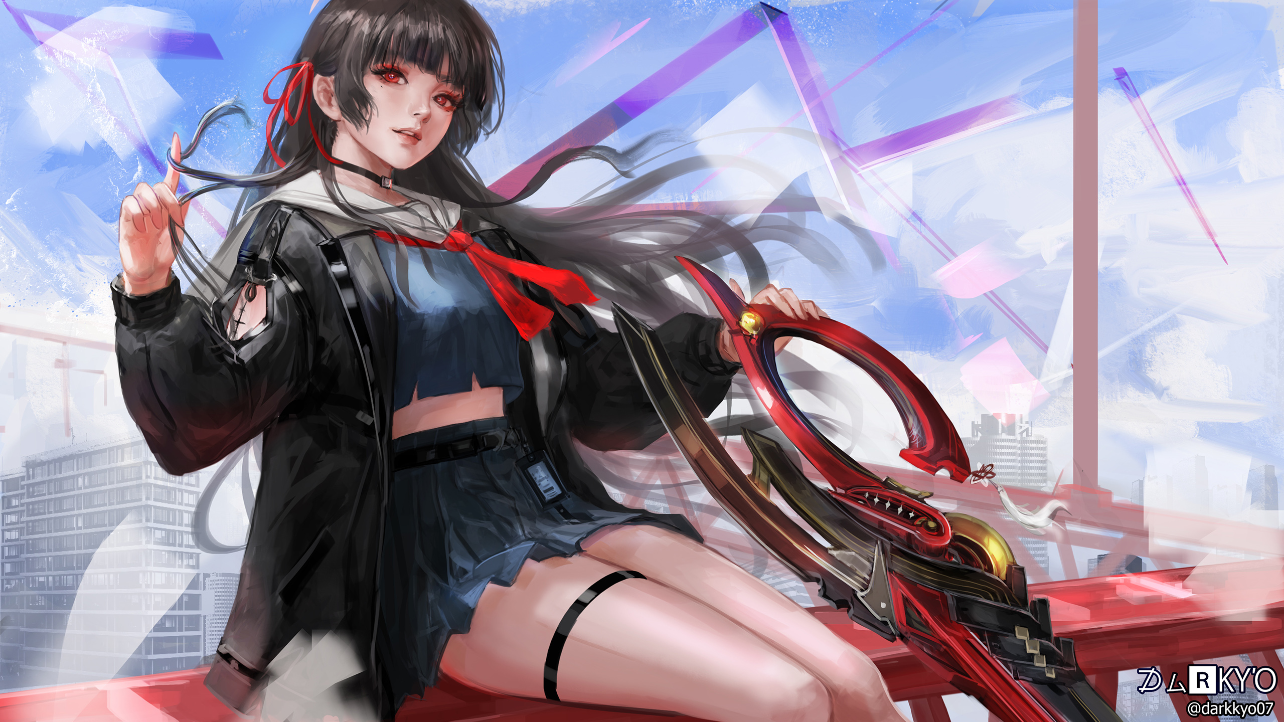 darkyo07, chisa (wuthering waves), wuthering waves, commentary, english commentary, highres, 1girl, arm cutout, black choker, black hair, black jacket, black serafuku, black shirt, black skirt, blue sky, breasts, choker, clothing cutout, crop top, day, hair ribbon, holding, holding sword, holding weapon, jacket, long hair, long sleeves, medium breasts, mole, mole under eye, neckerchief, parted lips, red eyes, red neckerchief, red ribbon, ribbon, sailor collar, school uniform, serafuku, shirt, sitting, skirt, sky, solo, sword, tacet mark (wuthering waves), thigh strap, weapon, white sailor collar