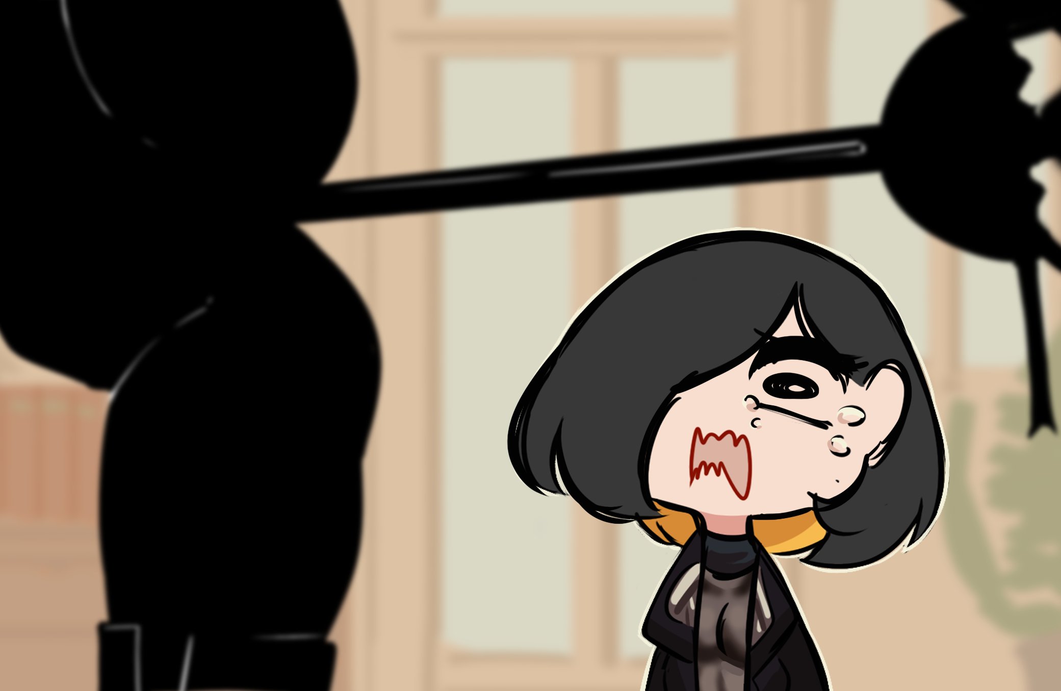 centurii-chan, kamura (rain prophet), rapier-chan (centurii-chan), original, commentary, english commentary, highres, 2girls, ass, black eyes, blurry, blurry background, borrowed character, breasts, drawing sword, holding, holding sword, holding weapon, horrified, implied object insertion, multicolored hair, multiple girls, one eye covered, rapier, see-through cleavage, see-through clothes, split, standing, standing on one leg, standing split, sword, tears, two-tone hair, weapon