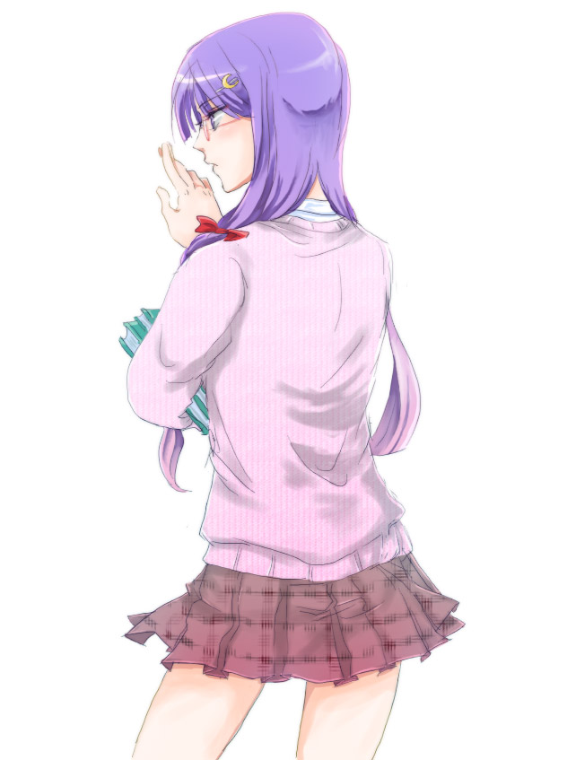 outlaw, unabara misumi, patchouli knowledge, touhou, bad id, bad pixiv id, 1girl, alternate costume, alternate hairstyle, bespectacled, book, contemporary, female focus, glasses, long hair, no headwear, purple eyes, purple hair, school uniform, solo