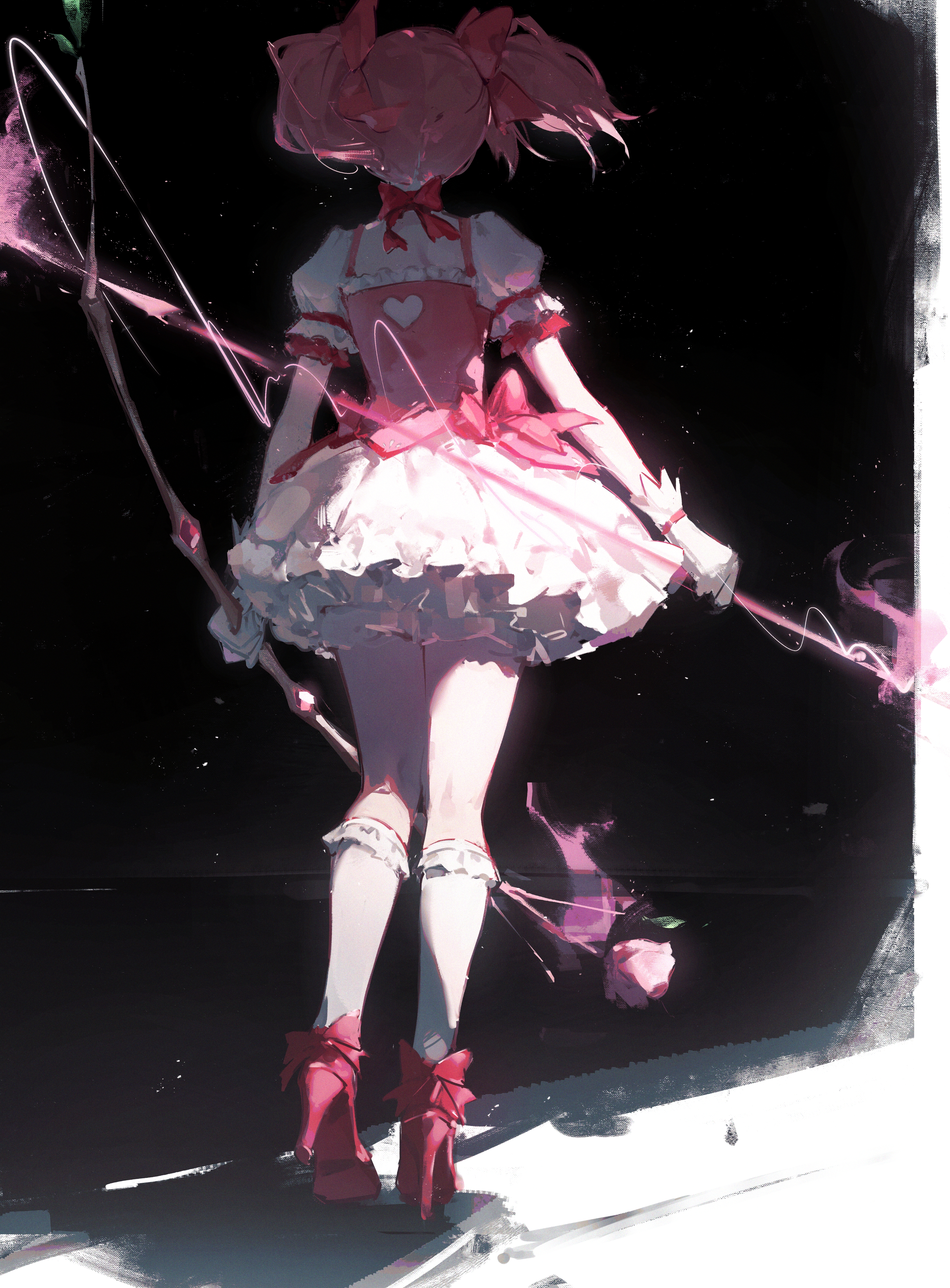 fuunyon, kaname madoka, kaname madoka (magical girl), mahou shoujo madoka magica, mahou shoujo madoka magica (anime), absurdres, commentary, highres, 1girl, black background, bow, bow choker, bubble skirt, choker, dress, dress bow, facing away, frilled skirt, frilled sleeves, frilled socks, frills, from behind, full body, gloves, hair bow, high heels, kneehighs, magical girl, pink bow, pink dress, pink hair, red choker, red shoes, shoes, short dress, short hair, short sleeves, short twintails, skirt, socks, standing, twintails, white gloves, white skirt, white socks