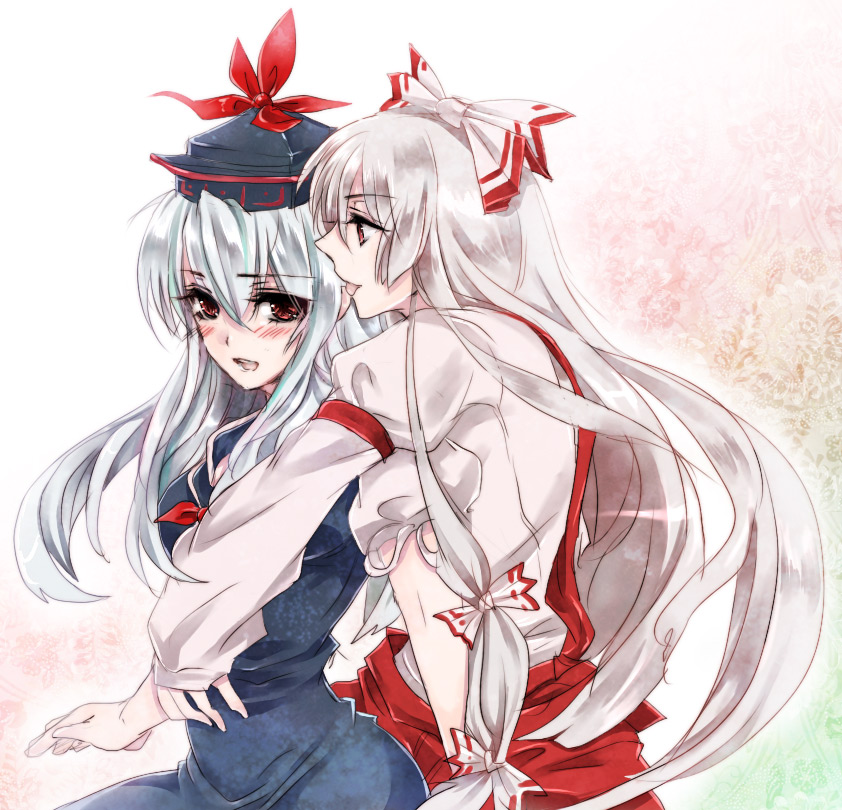 outlaw, unabara misumi, fujiwara no mokou, kamishirasawa keine, touhou, silver hair, bad id, bad pixiv id, 2girls, blue hair, ear licking, female focus, hat, licking, long hair, multiple girls, red eyes, suspenders, tongue, yuri