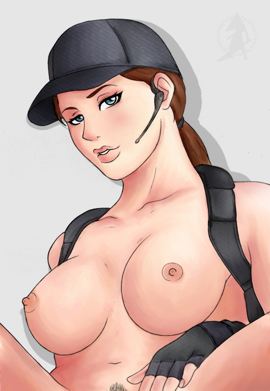 jill valentine, resident evil, resident evil 5, anime screenshot, 1girl, backpack, bag, blue eyes, breasts, brown hair, female focus, female pubic hair, fingerless gloves, gloves, headset, large breasts, nipples, nude, pubic hair, solo