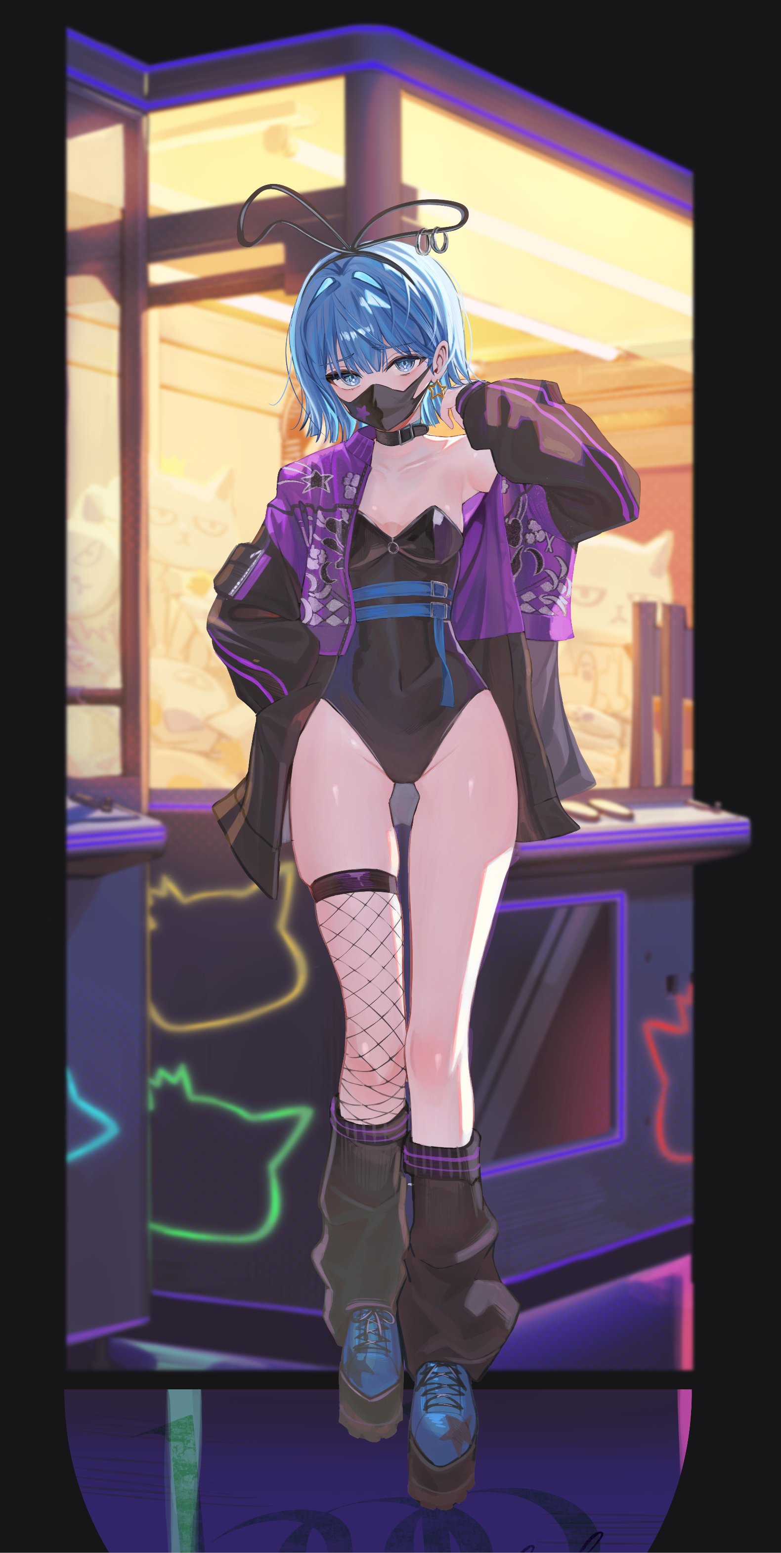 sanada keisui, hoshimachi suisei, hololive, absurdres, commentary request, highres, 1girl, alternate costume, animal ear hairband, animal ears, black collar, black jacket, black leg warmers, black leotard, blue eyes, blue hair, blue shoes, blurry, blurry background, breasts, collar, covered navel, crane game, double-parted bangs, earrings, fake animal ears, fishnet thighhighs, fishnets, full body, hair between eyes, hairband, hand in pocket, hand up, highleg, highleg leotard, indoors, jacket, jewelry, leg warmers, leotard, looking at viewer, mask, mouth mask, multicolored jacket, platform shoes, playboy bunny, purple jacket, rabbit ear hairband, rabbit ears, shoes, short hair, single off shoulder, single thighhigh, solo, standing, star (symbol), star earrings, star in eye, strapless, strapless leotard, symbol in eye, thighhighs, two-tone jacket, virtual youtuber
