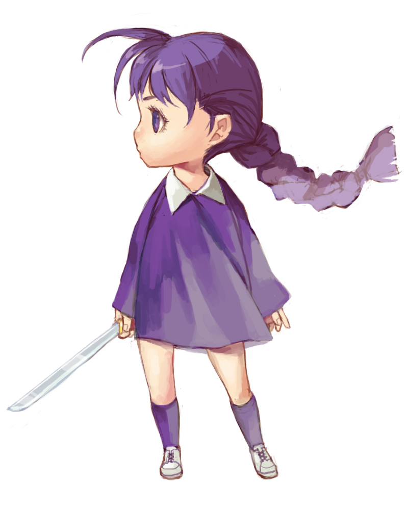 salamander (jonbonjovi82), nuzza, original, 1girl, antenna hair, blue eyes, blue hair, braid, child, dress, female focus, flat chest, full body, kneehighs, knife, long hair, matching hair/eyes, profile, shoes, short dress, simple background, single braid, sneakers, socks, solo, standing, weapon