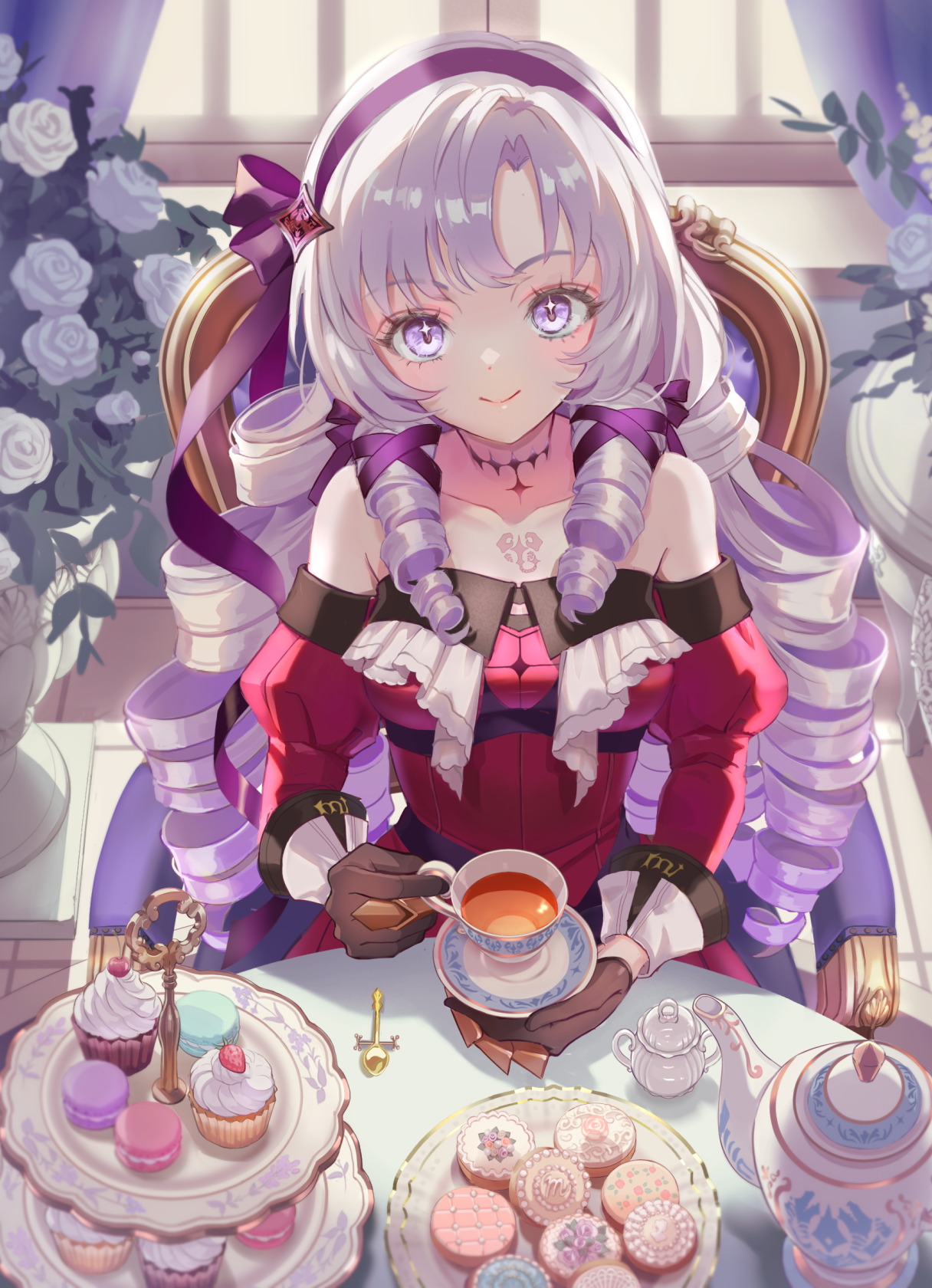 mitama (mokochiko), hyakumantenbara salome, nijisanji, commentary request, highres, 1girl, bare shoulders, brown gloves, chair, chest tattoo, cookie, cup, cupcake, dress, drill hair, eyelashes, flower, food, gloves, long hair, looking at viewer, on chair, purple eyes, red dress, ringlets, rose, sitting, solo, tattoo, teacup, teapot, virtual youtuber, white flower, white rose