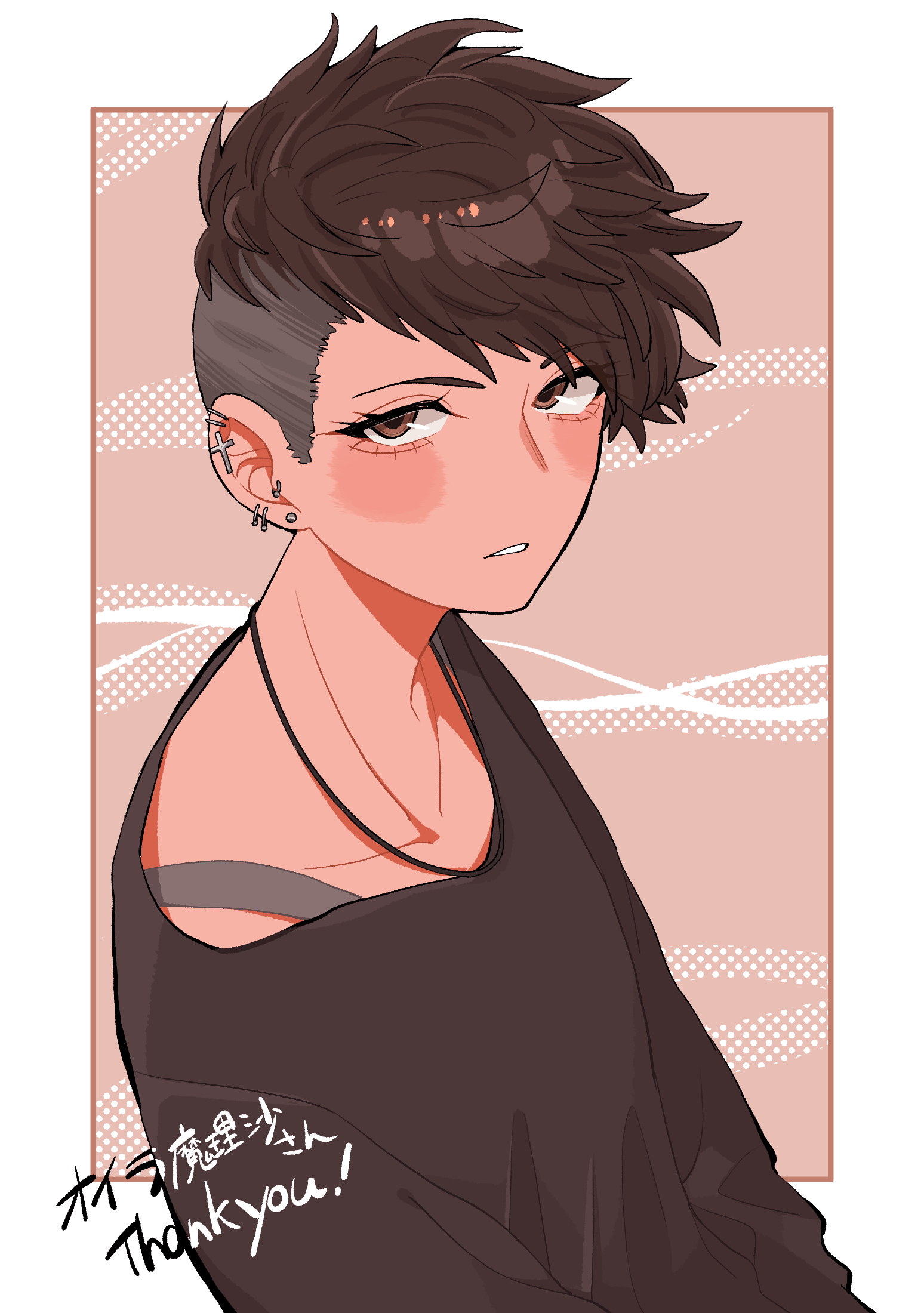 koucha (pankeki koucha), original, commentary request, commission, highres, pixiv commission, 1girl, black shirt, blush, blush stickers, border, brown eyes, brown hair, collarbone, ear piercing, earrings, eyelashes, jewelry, looking at viewer, piercing, shirt, short hair, solo, thank you, tomboy, undercut, upper body, very short hair, white border