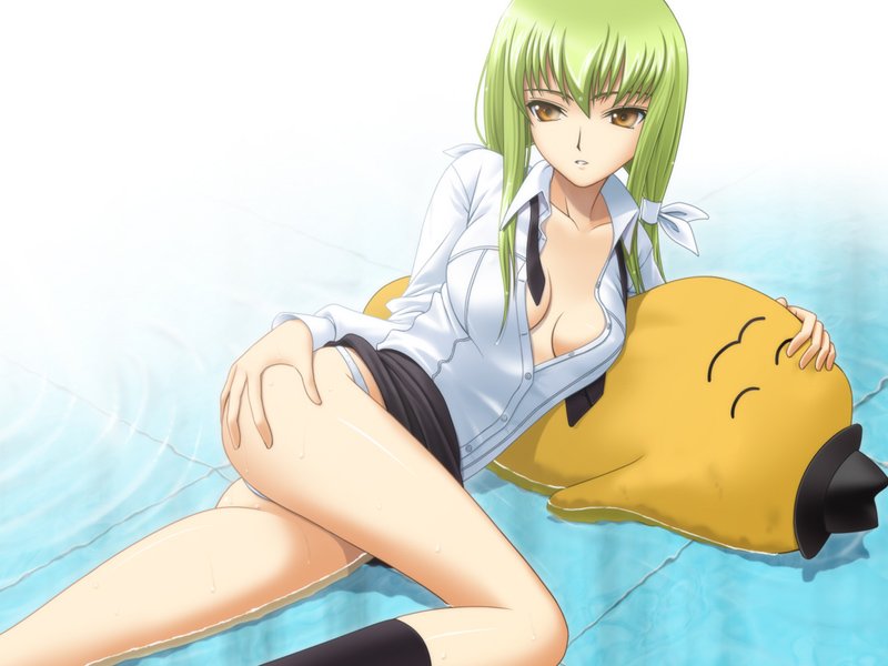 40010prototype, c.c., cheese-kun, code geass, non-web source, 00s, breasts, green hair, long hair, open clothes, open shirt, shirt, water, yellow eyes