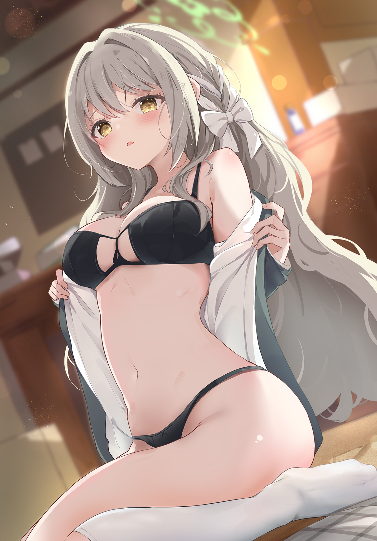 hinata yuu (atelierhinata), miyo (blue archive), blue archive, highres, 1girl, bikini, black bikini, blurry, blurry background, bow, breasts, green halo, grey hair, hair bow, halo, indoors, long hair, looking at viewer, medium breasts, navel, sitting, socks, solo, swimsuit, white bow, white socks, yellow eyes