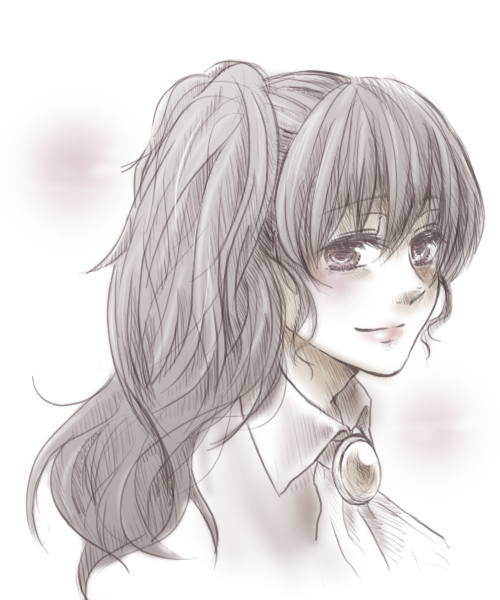 tani42, ushiromiya natsuhi, umineko no naku koro ni, bad id, bad pixiv id, 00s, 1girl, female focus, gradient background, greyscale, monochrome, smile, solo, white background