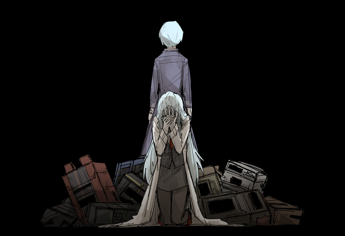 kankan33333, angela (project moon), binah (project moon), chesed (project moon), gebura (project moon), hod (project moon), hokma (project moon), malkuth (project moon), library of ruina, lobotomy corporation, project moon, bending, character request, commentary request, spoilers, 1girl, 6+others, behind another, black background, black pantyhose, black suit, blue coat, blue hair, coat, covering own face, dual persona, formal clothes, hand on own face, kneeling, lab coat, long hair, looking down, multiple girls, multiple others, necktie, open clothes, open coat, pantyhose, pile, red necktie, short hair, skirt, suit, white coat