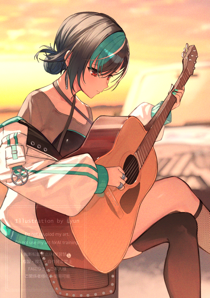 xyunx, rindo chihaya, hololive, hololive dev is, commentary request, highres, 1girl, acoustic guitar, aqua hair, black hair, black shirt, black socks, black thighhighs, blurry, blurry background, criss-cross halter, crossed arms, earrings, fishnet socks, fishnets, guitar, hair bun, halterneck, holding, holding instrument, instrument, jacket, jewelry, kneehighs, music, off shoulder, official alternate costume, official alternate hairstyle, outdoors, playing guitar, playing instrument, red eyes, shirt, short hair, single hair bun, single kneehigh, single sock, single thighhigh, sitting, socks, solo, swept bangs, thighhighs, virtual youtuber, watermark, white jacket, white streaks