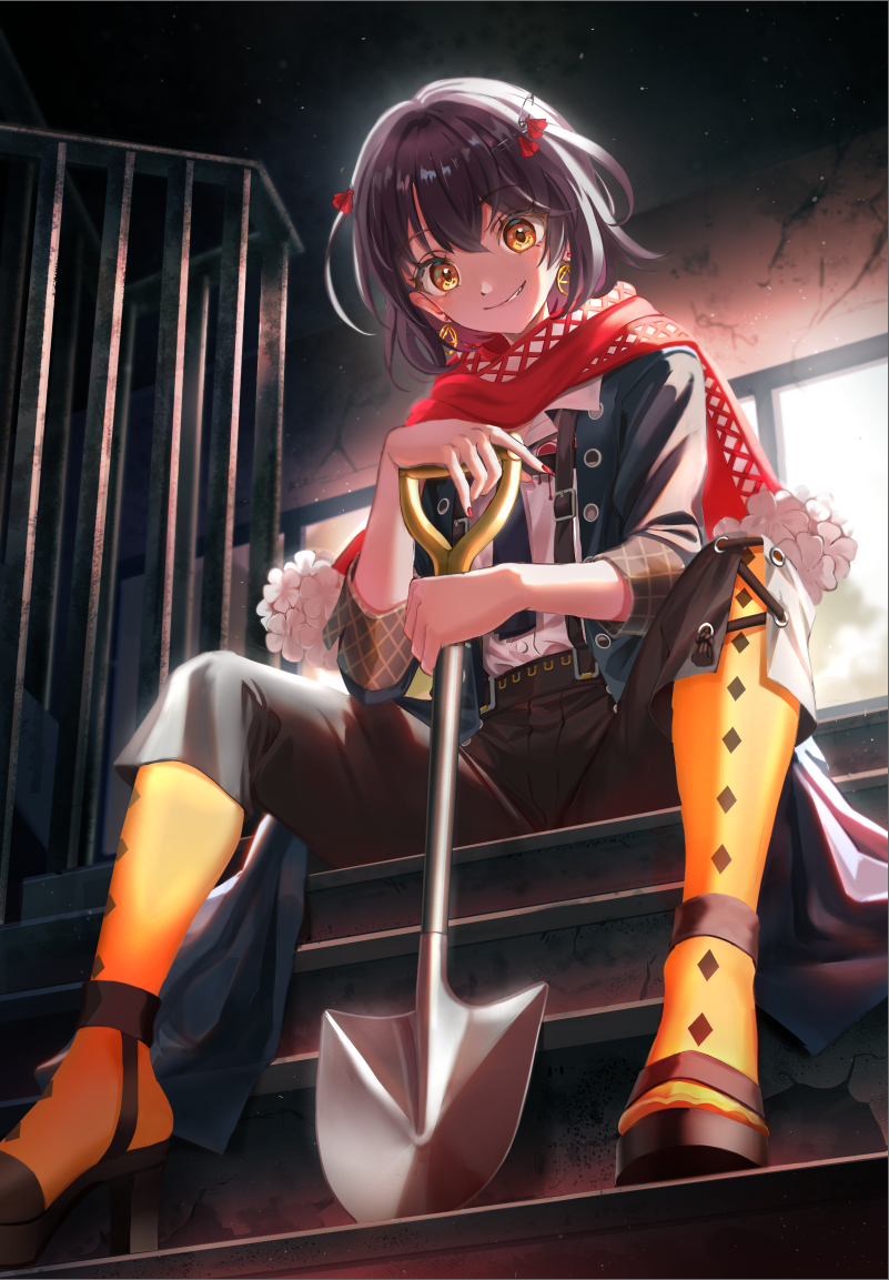 mitama (mokochiko), mashiro meme, nijisanji, 1boy, androgynous, black pants, earrings, eyelashes, grin, jewelry, looking at viewer, male focus, orange eyes, pants, pantyhose, shirt, short hair, shovel, sitting, sitting on stairs, smile, solo, stairs, trap, two side up, white shirt, window, yellow pantyhose