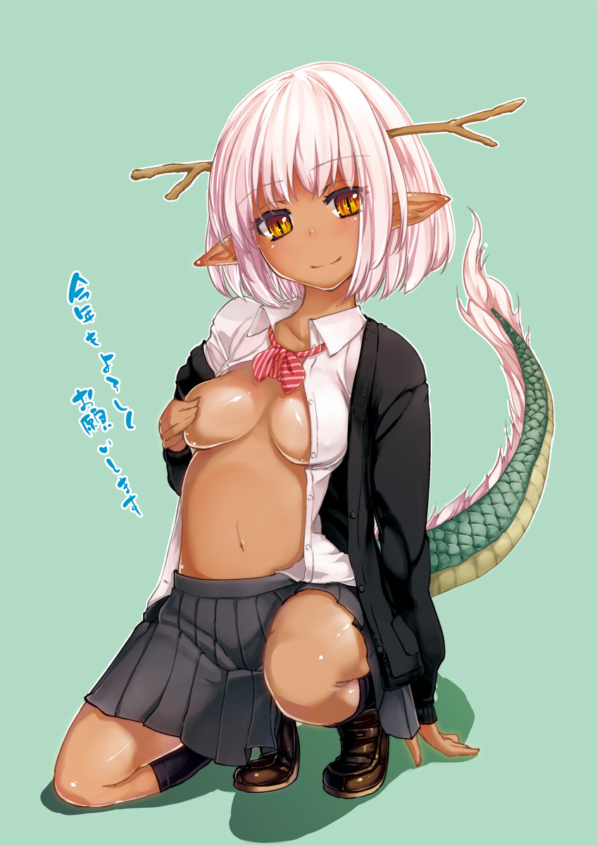 azuma sawayoshi, original, commentary request, highres, translation request, 1girl, breasts, cardigan, dragon girl, dragon horns, dragon tail, full body, horns, kneeling, loafers, medium breasts, navel, open cardigan, open clothes, open shirt, school uniform, shoes, skirt, smile, solo, tail, tan