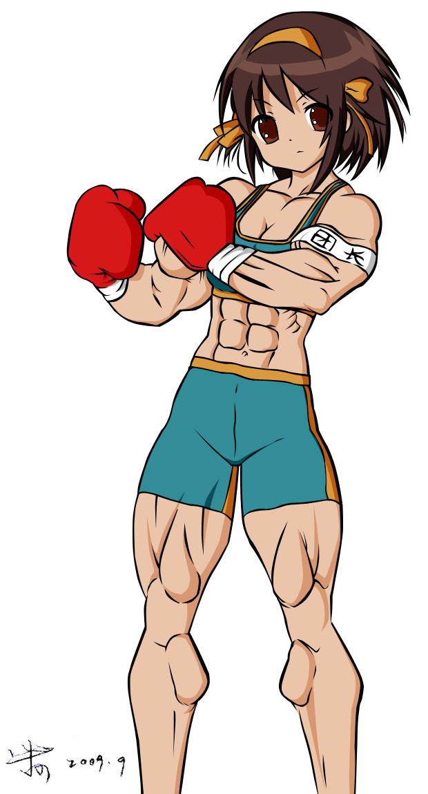 glow (g10w), suzumiya haruhi, suzumiya haruhi no yuuutsu, 00s, boxing, boxing gloves, muscular, shorts, sports bra