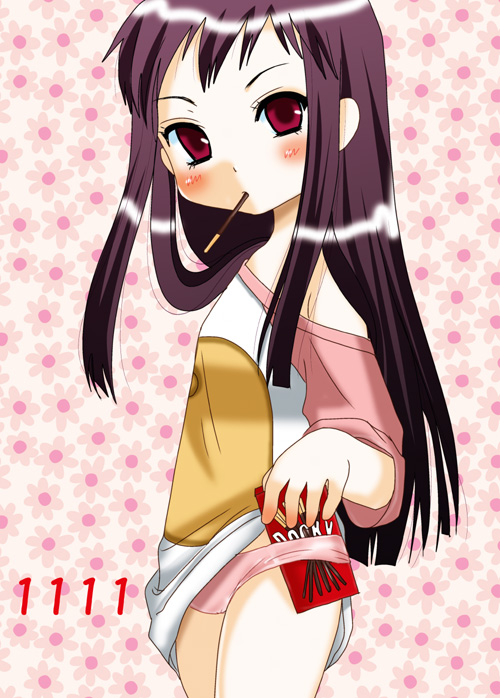 inumori sayaka, jakuri (ar tonelico), ar tonelico, ar tonelico ii, gust, 00s, 1girl, black hair, female focus, food, long hair, mouth hold, no pants, panties, pocky, raglan sleeves, red eyes, shirt, solo, t-shirt, underwear