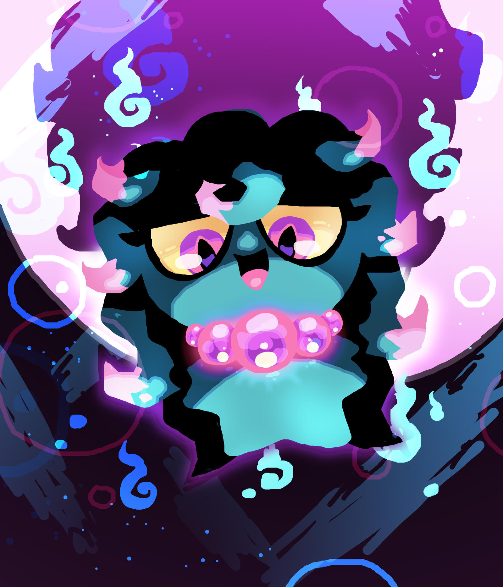 misdreavus, nintendo, pokemon, commentary, english commentary, highres, colored sclera, full body, gen 2 pokemon, kyleoliver-art, no humans, open mouth, pokemon (creature), purple eyes, smile, solo, will-o'-the-wisp (mythology), yellow sclera