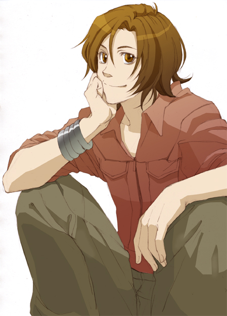 toboe, wolf's rain, commentary request, 1boy, bracelet, brown eyes, brown hair, brown pants, closed mouth, collared shirt, hair between eyes, itarooo, jewelry, male focus, pants, red shirt, shirt, short hair, short sleeves, simple background, sitting, smile, solo, white background