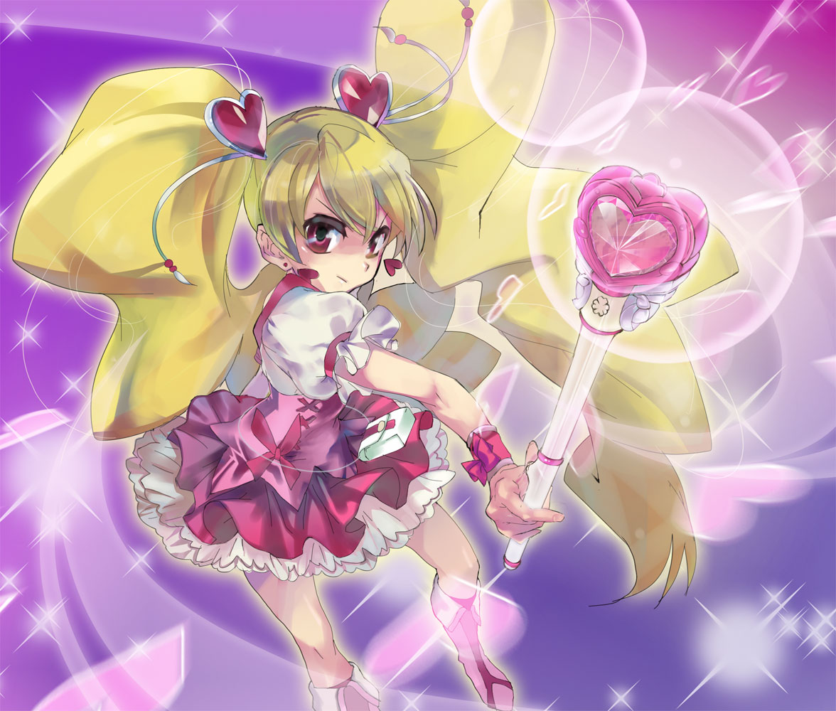u to i, cure peach, momozono love, fresh precure!, precure, 00s, 1girl, bad arm, blonde hair, boots, bow, female focus, hair ornament, heart, heart hair ornament, long hair, magical girl, pink bow, solo, twintails, very long hair, wand