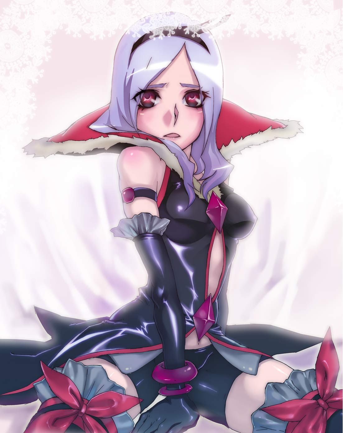 u to i, eas (fresh precure!), higashi setsuna, fresh precure!, precure, highres, 00s, 1girl, bike shorts, black shorts, breasts, dress, elbow gloves, eyelashes, female focus, gloves, hairband, latex, latex dress, latex gloves, purple hair, red eyes, shiny clothes, shorts, skin tight, solo, worried