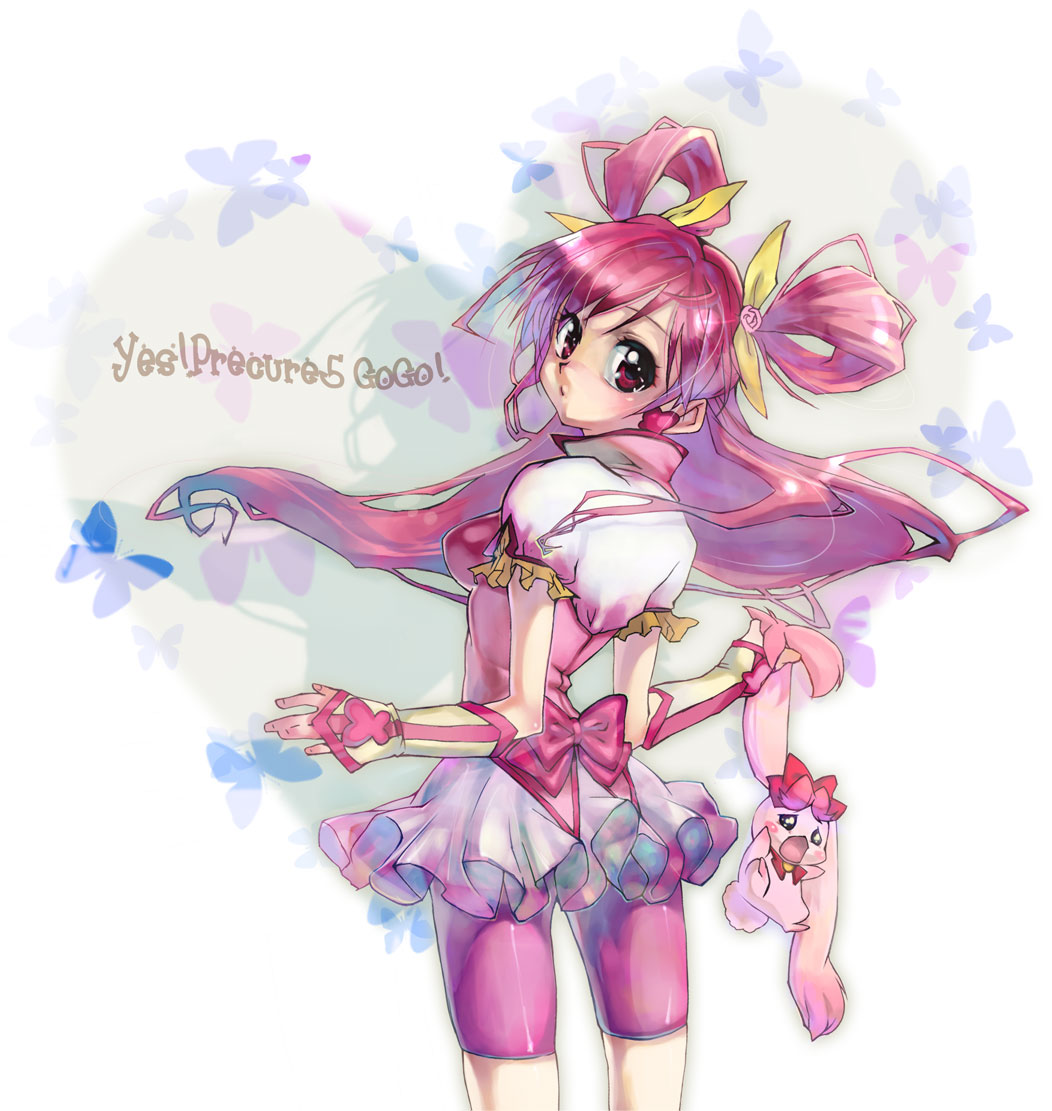 u to i, cure dream, milk (precure 5), milk (yes! precure 5), yumehara nozomi, precure, yes! precure 5, 00s, 1girl, bike shorts, bike shorts under skirt, copyright name, eyelashes, gloves, latex, long hair, magical girl, pink eyes, pink hair, pink shorts, pink theme, shorts, shorts under skirt