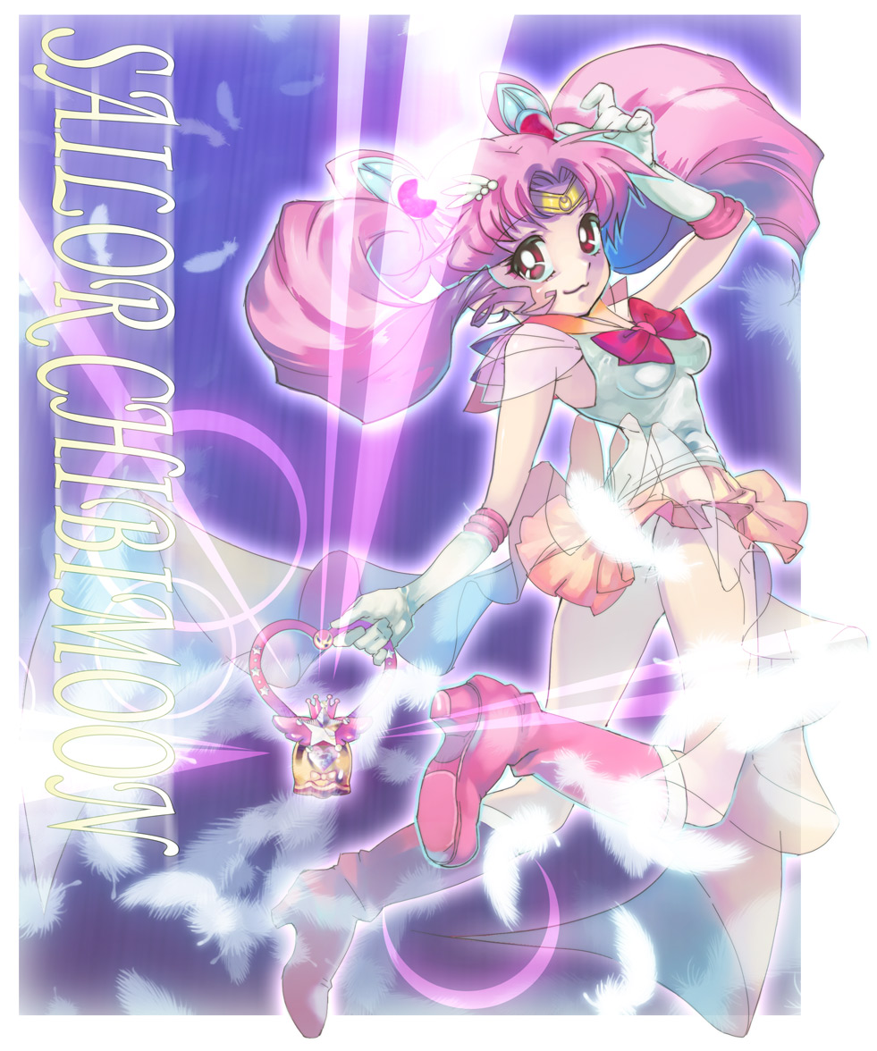 u to i, chibi usa, sailor chibi moon, super sailor chibi moon, bishoujo senshi sailor moon, bishoujo senshi sailor moon supers, 1990s (style), 1girl, :3, bell, boots, brooch, censored, character name, child, choker, cone hair bun, convenient censoring, elbow gloves, feathers, female focus, gloves, hair bun, heart, heart brooch, jewelry, knee boots, magical girl, miniskirt, multicolored skirt, pink boots, pink hair, retro artstyle, skirt, solo, twintails, upskirt, white gloves