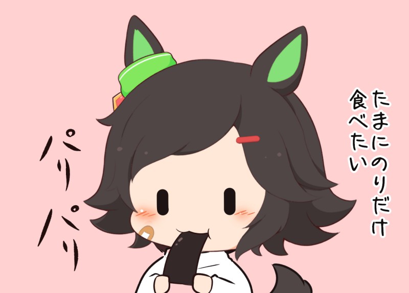 gomashio (goma feet), winning ticket (umamusume), umamusume, commentary request, translation request, 1girl, :3, :t, animal ears, bandaid, bandaid on cheek, bandaid on face, black hair, blush, bow, chibi, chibi only, closed mouth, ear ribbon, eating, green ribbon, hair ornament, hairclip, horse ears, horse girl, horse tail, long sleeves, nori (seaweed), pink background, ribbon, shirt, short hair, simple background, solo, tail, white shirt, | |