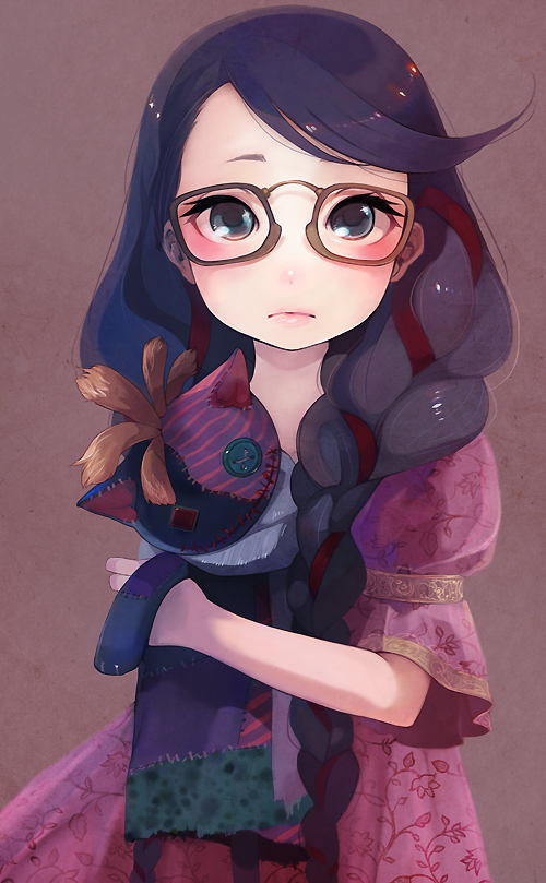 pyon-kichi, cereza, bayonetta (series), bayonetta 1, bad id, bad pixiv id, 1girl, black hair, blush, braid, child, female focus, glasses, hair ribbon, long hair, ribbon braid, solo, stuffed toy