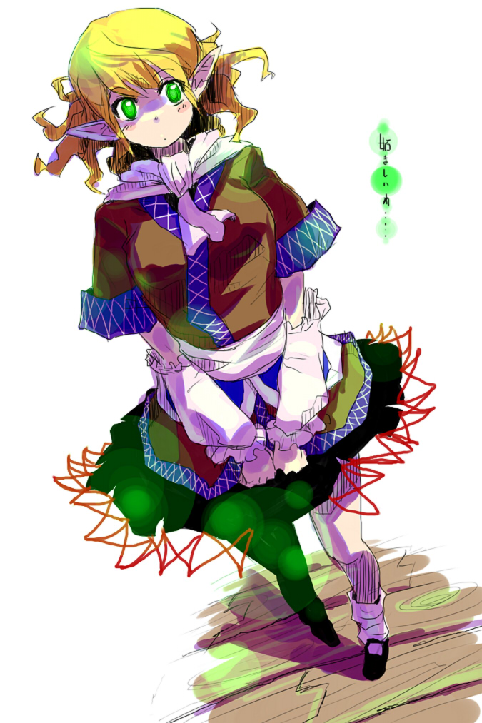 oso (toolate), mizuhashi parsee, touhou, 2girls, arm warmers, blonde hair, female focus, full body, green eyes, multiple girls, pointy ears, scarf, shoes, short hair, socks, solo, standing, white background