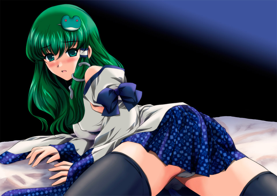 yamaguchi takashi, yamaguchi yuu, kochiya sanae, touhou, 1girl, blush, cameltoe, detached sleeves, female focus, green eyes, green hair, matching hair/eyes, panties, pantyshot, solo, thighhighs, underwear