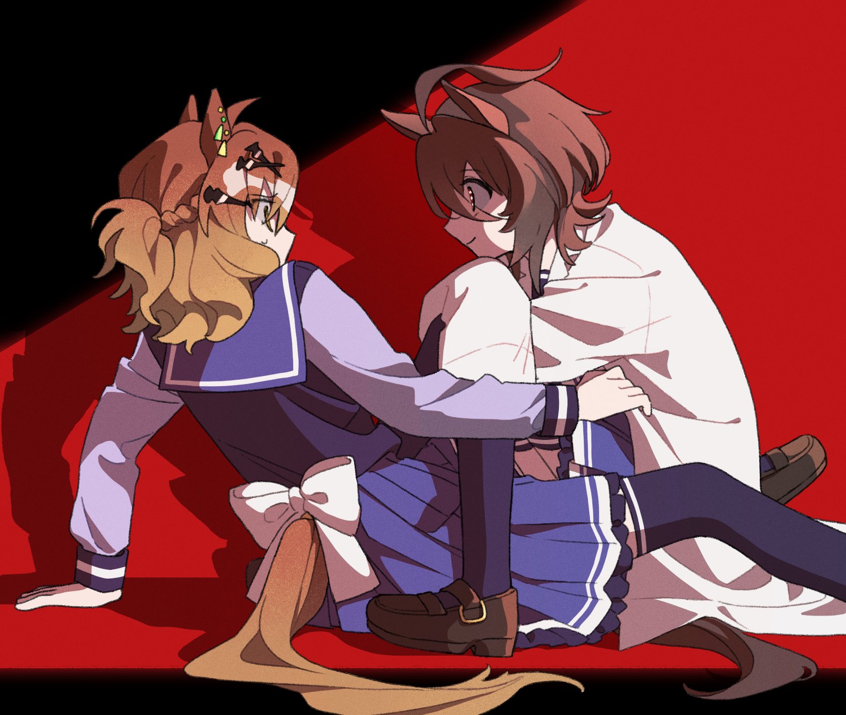 doggwa, agnes tachyon (umamusume), jungle pocket (umamusume), umamusume, commentary request, highres, 2girls, ahoge, animal ears, black background, bow, brown eyes, brown hair, brown shoes, coat, dress, frilled skirt, frills, from side, full body, hair ornament, hairpin, horse ears, horse girl, horse tail, lab coat, loafers, long sleeves, looking at another, medium hair, multicolored hair, multiple girls, purple dress, purple sailor collar, purple thighhighs, red background, sailor collar, sailor dress, school uniform, shadow, shoes, skirt, sleeves past fingers, sleeves past wrists, smile, straddling, streaked hair, sweatdrop, tail, tail bow, tail ornament, thighhighs, tracen school uniform, white bow, white coat, white hair, yuri