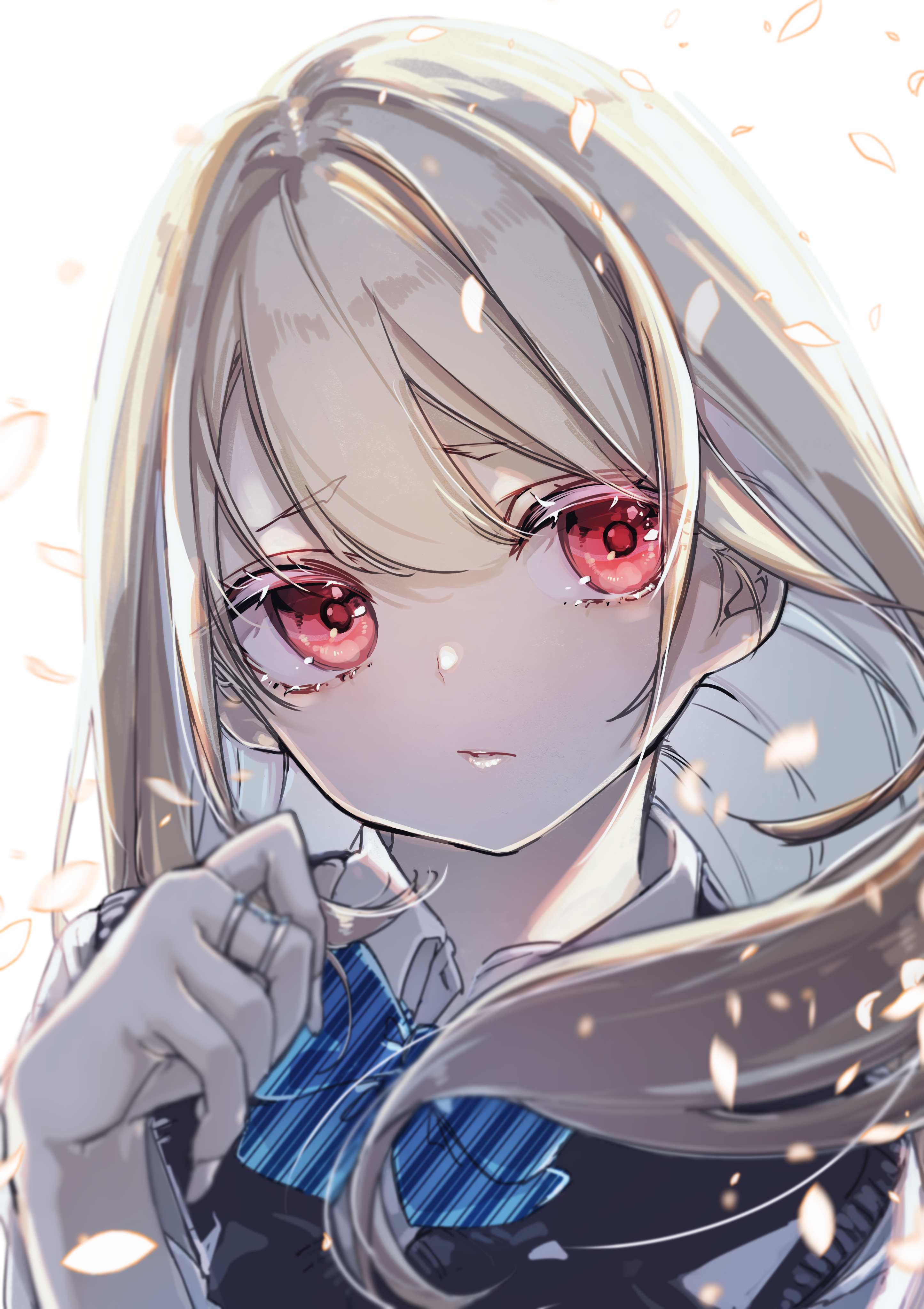 azuma sawayoshi, amane lily, oroka na tenshi wa akuma to odoru, absurdres, commentary request, highres, 1girl, backlighting, blonde hair, jewelry, long hair, looking at viewer, petals, red eyes, ring, school uniform, solo, upper body, wind