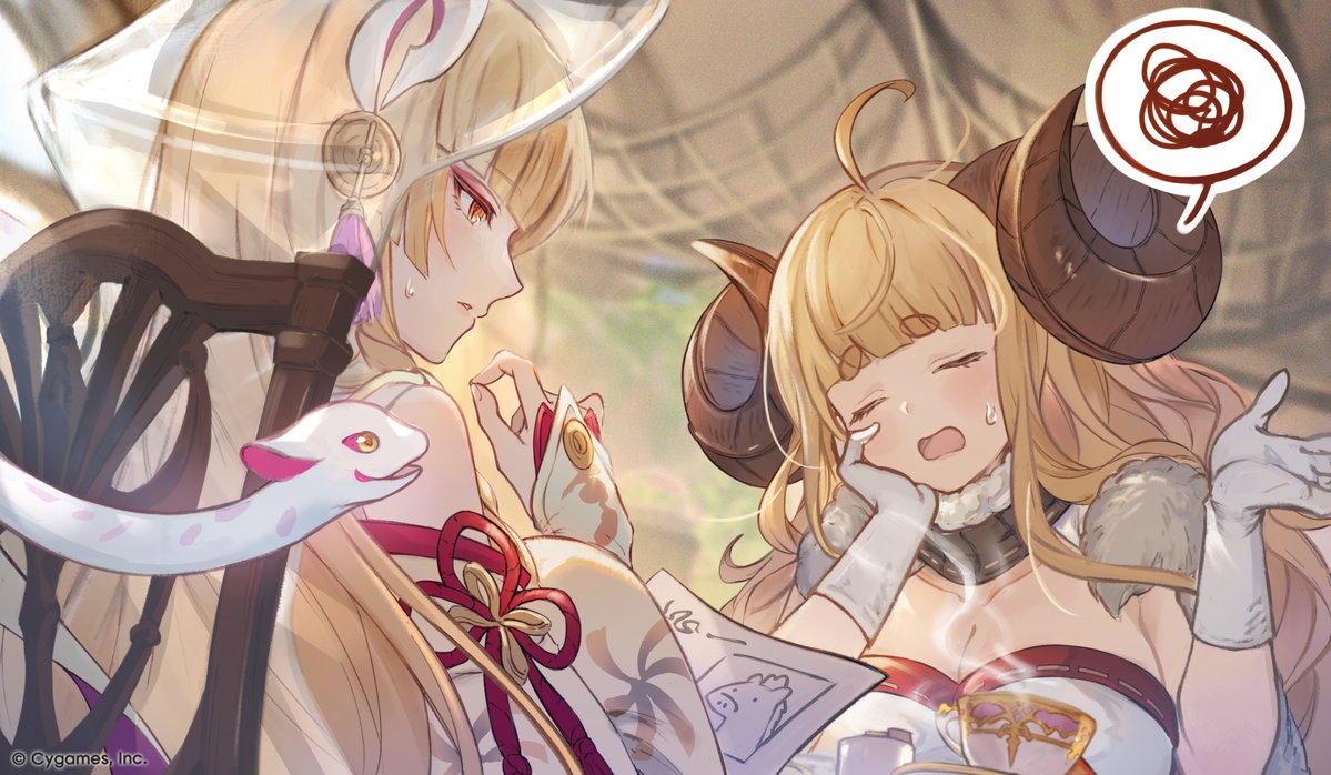 anila (granblue fantasy), indala (granblue fantasy), shiro (granblue fantasy), granblue fantasy, official art, 2girls, ahoge, bare shoulders, blonde hair, blunt bangs, breasts, bridal gauntlets, chair, cleavage, cup, draph, gloves, head rest, hikimayu, holding, holding cup, horns, multiple girls, sheep girl, sheep horns, spoken squiggle, squiggle, upper body, white gloves, yellow eyes