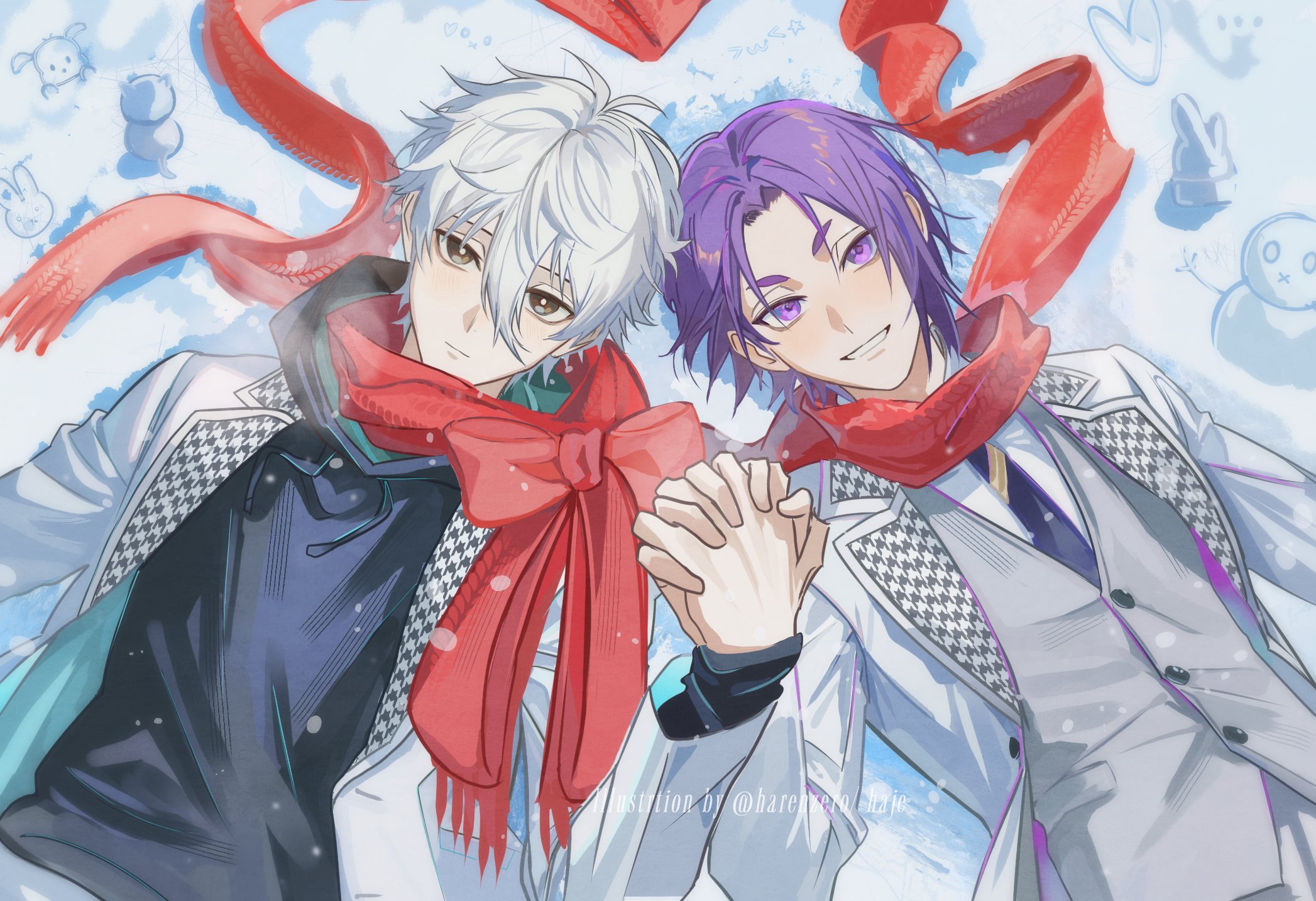 harenzero, mikage reo, nagi seishirou, blue lock, highres, 2boys, bright pupils, grey hair, holding hands, hood, hoodie, lying, mini snowman, multiple boys, necktie, on back, purple eyes, purple hair, red scarf, scarf, school uniform, snow, watermark, white hair, white pupils