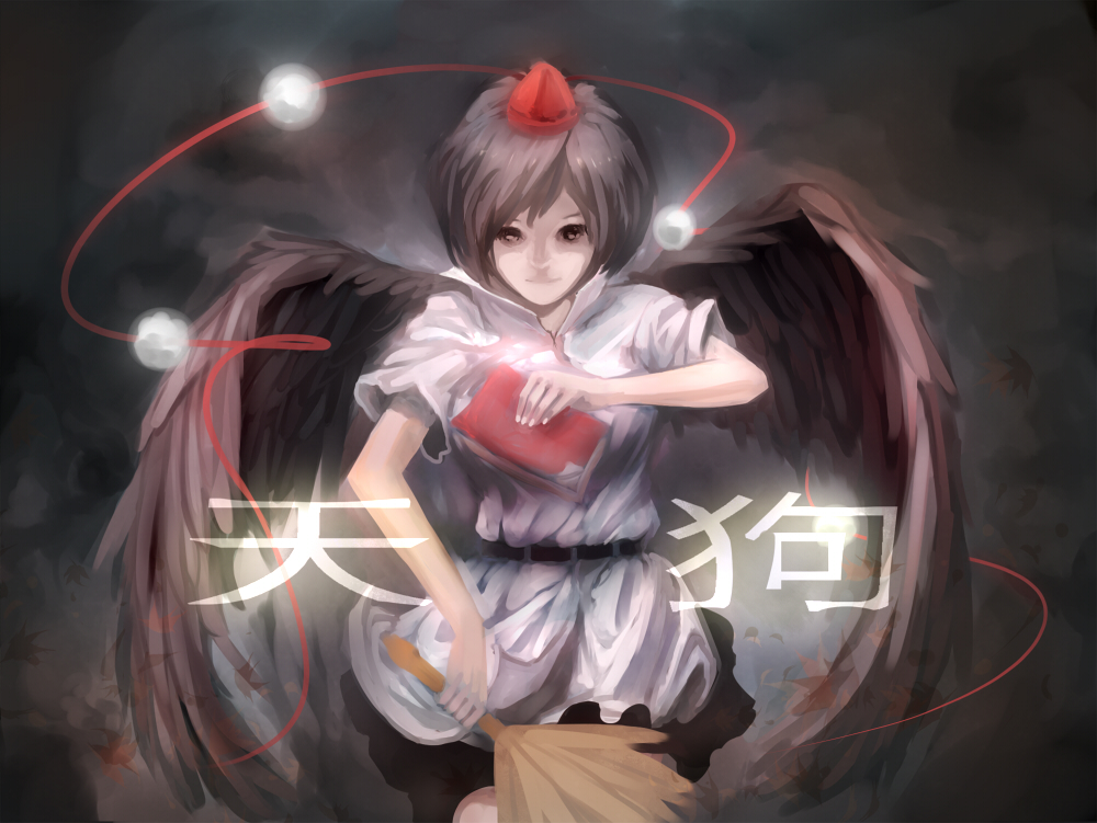 a.r.k, shameimaru aya, touhou, bad id, bad pixiv id, 1girl, black wings, brown hair, female focus, hat, looking at viewer, short hair, solo, tokin hat, wings
