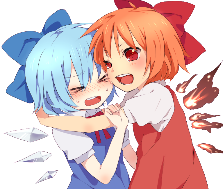 kurasaki moroko, achi cirno, cirno, touhou, bad id, bad pixiv id, > <, 2girls, alternate color, alternate element, blue hair, bow, cheek-to-cheek, closed eyes, dual persona, fiery wings, fire, hair bow, heads together, hug, multiple girls, pain, red eyes, red hair, short hair, tears, wings