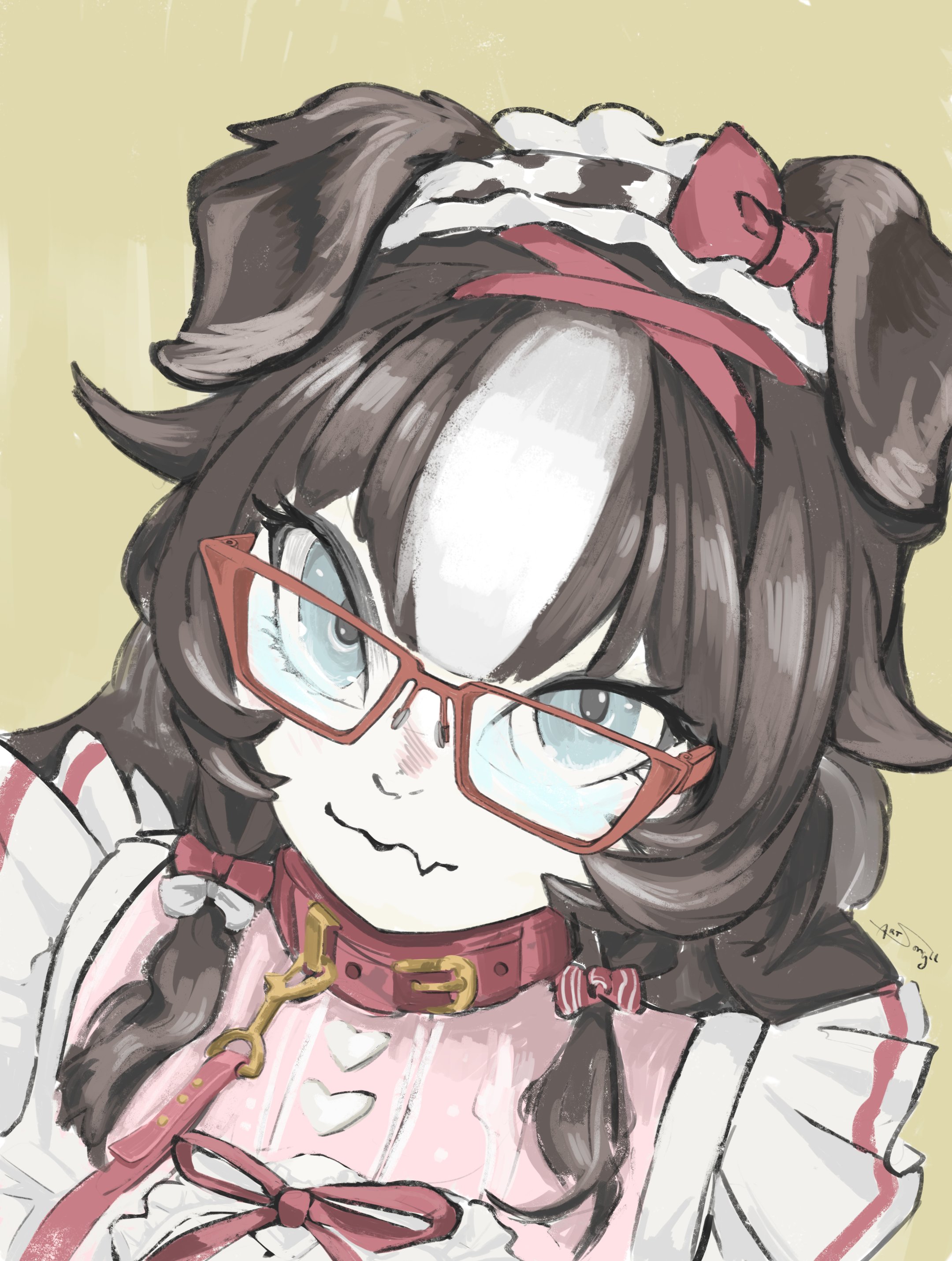 bibi biscuit, phase connect, 1girl, animal ears, apron, artsong, blue eyes, bow, brown hair, collar, dog ears, fang, glasses, leash, maid headdress, ribbon, skin fang, virtual youtuber, white hair