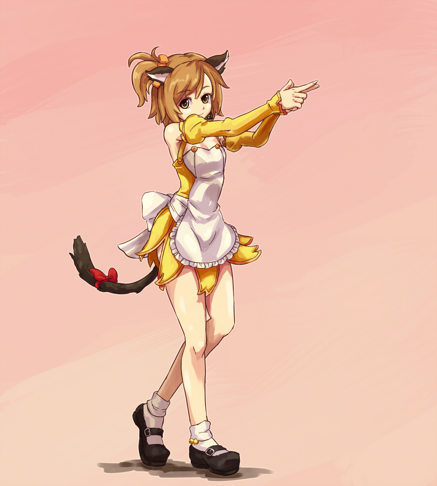 shibasaki shouji, setsu (dream c club), dream c club, dream c club (series), 1girl, animal ears, apron, bell, bow, cat ears, cat tail, female focus, finger gun, hair ornament, jingle bell, legs, mary janes, ribbon, shoes, side ponytail, simple background, solo, tail, tail ornament, tail ribbon