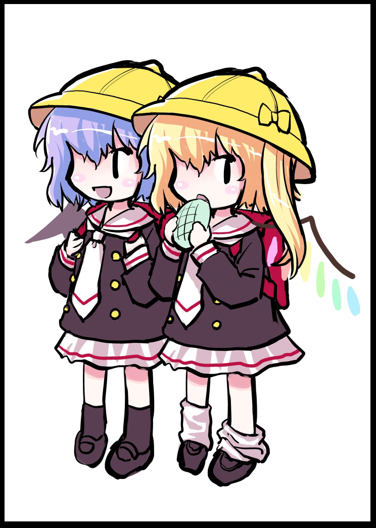 kiira, flandre scarlet, remilia scarlet, touhou, bad id, bad pixiv id, 2girls, alternate costume, blonde hair, blue hair, bread, chibi, contemporary, female focus, food, hat, melon bread, multiple girls, one side up, ponytail, school uniform, short hair, siblings, side ponytail, sisters, wings, | |