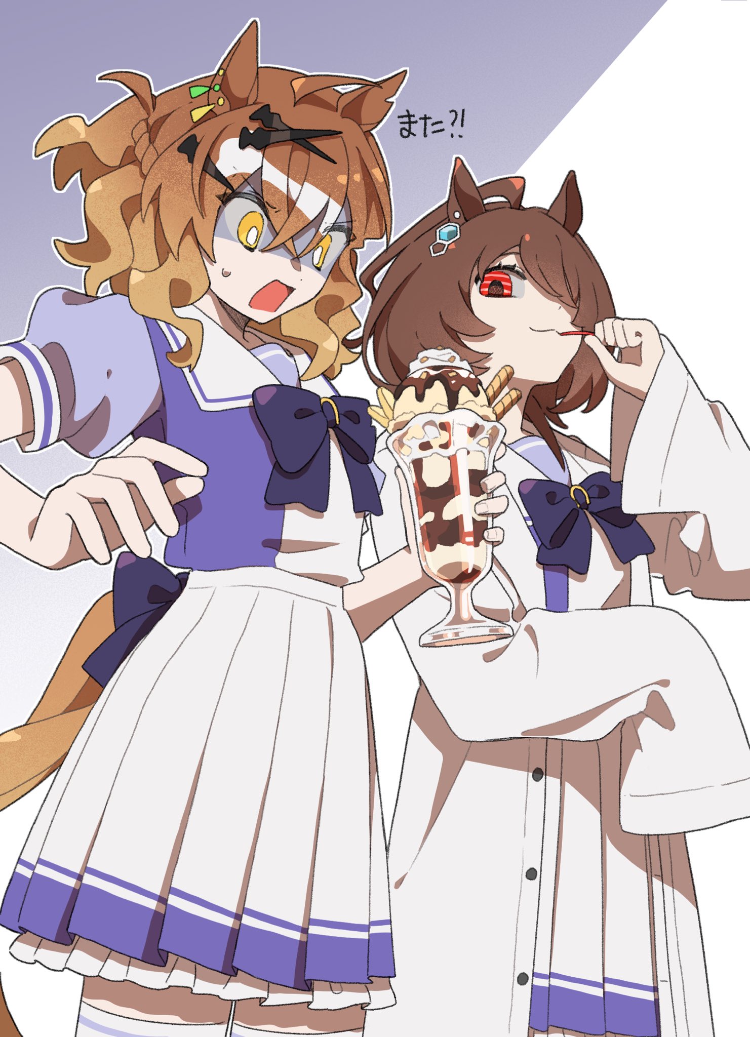 doggwa, agnes tachyon (umamusume), jungle pocket (umamusume), umamusume, commentary request, highres, translation request, 2girls, :3, ahoge, animal ear piercing, animal ears, bow, bowtie, brown hair, cowboy shot, crossed bangs, double-parted bangs, dress, food, food theft, frilled dress, frills, gradient background, hair between eyes, hair over one eye, holding, holding food, horse ears, horse girl, horse tail, looking at another, medium hair, multicolored hair, multiple girls, open mouth, outline, parfait, partially shaded face, puffy short sleeves, puffy sleeves, purple background, purple bow, purple bowtie, purple dress, red eyes, sailor collar, school uniform, short sleeves, simple background, streaked hair, sweatdrop, tail, tail bow, tail ornament, thighhighs, tracen school uniform, two-tone dress, utensil in mouth, white background, white dress, white hair, white outline, white sailor collar, white thighhighs, wide-eyed, yellow eyes, zettai ryouiki