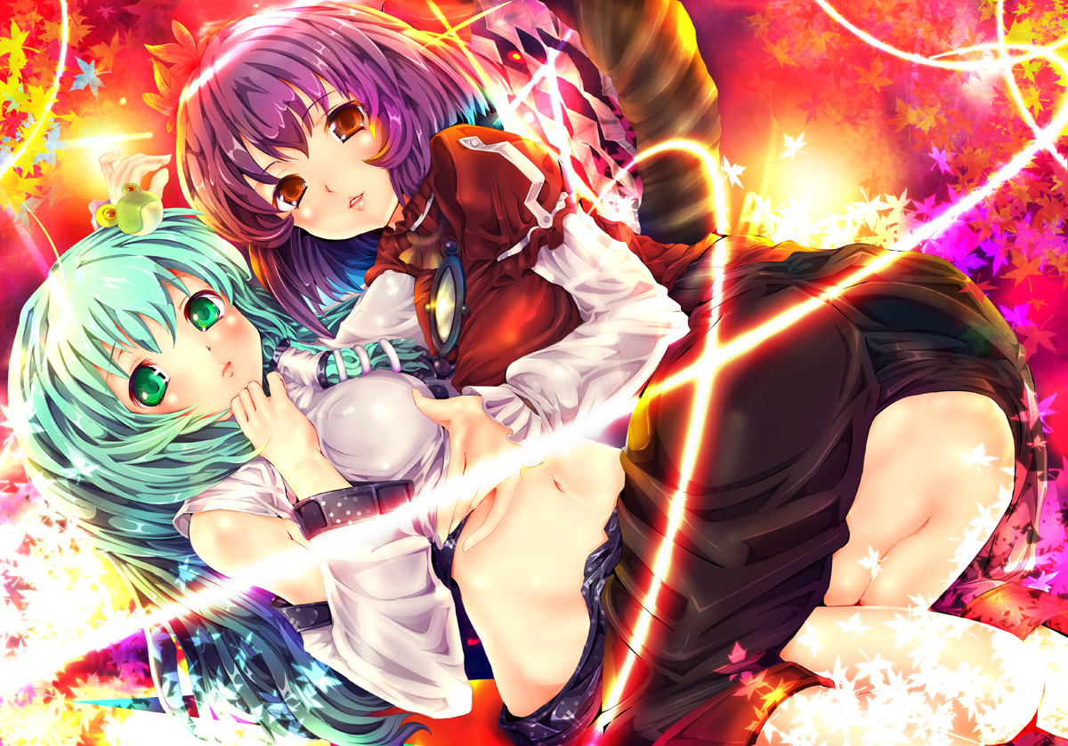 teruru, kochiya sanae, yasaka kanako, touhou, 2girls, breasts, covered erect nipples, detached sleeves, female focus, girl on top, grabbing another's breast, green eyes, green hair, groping, large breasts, midriff, multiple girls, navel, purple hair, red eyes, short hair, yuri
