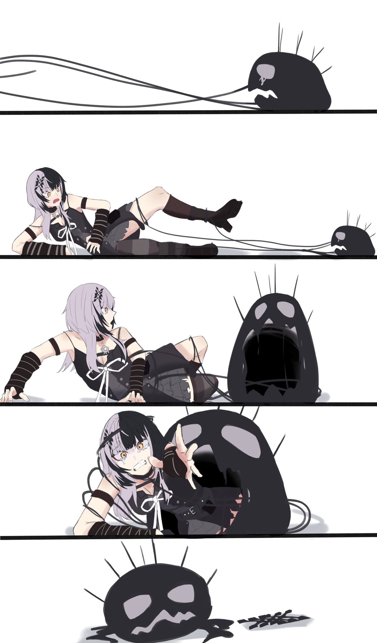 soraha 123, shiori novella, shiori novella (1st costume), yorick (shiori novella), hololive, hololive english, highres, 1girl, asymmetrical legwear, bare shoulders, black arm warmers, black choker, black dress, black gloves, black hair, black skirt, breasts, choker, cleavage, crying, crying with eyes open, dress, fingerless gloves, gloves, high heels, layered dress, looking at viewer, multicolored hair, open mouth, platform heels, scared, short dress, simple background, skirt, tearing up, tears, two-tone hair, uneven legwear, virtual youtuber, white background, white hair, yellow eyes